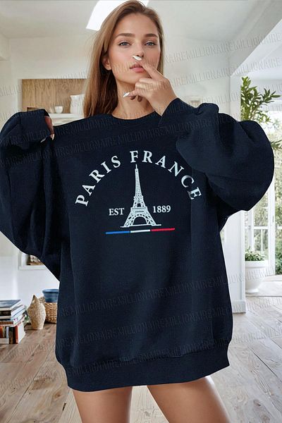 Millionaire Women's Navy Blue Paris Printed 0 Crew Neck Oversize Loose Loose Cut Fleece Sweatshirt