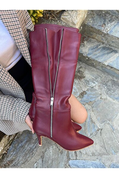 Elvinin Tarzı حذاء داون (بورجوندي) بكعب رفيع وسحاب