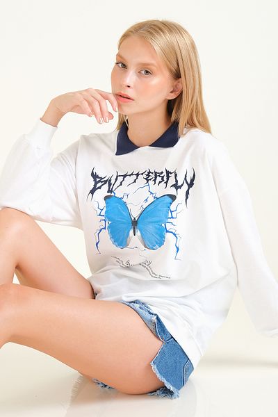 Giyim Dünyası Navy Blue Women's Polo Collar Sweatshirt - Butterfly Printed