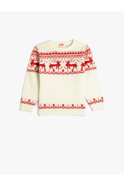Koton Sweater Deer Patterned Round Collar Soft Textured