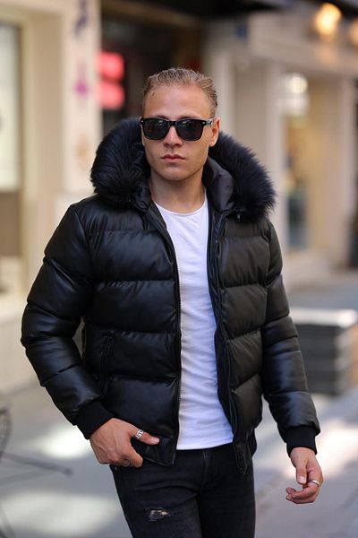 FAMODA Men's Fur Hooded Puffy Shiny Leather Coat