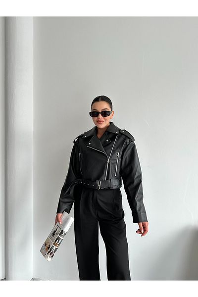 Laluvia Černá krátká volná kožená bunda