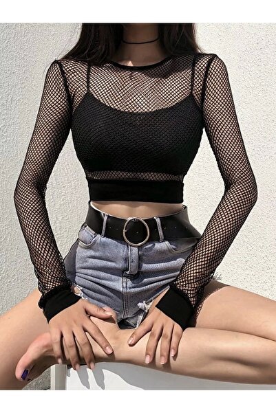 DarkellaStore Bluză neagră elastică din plasă, stil gotic punk Harajuku