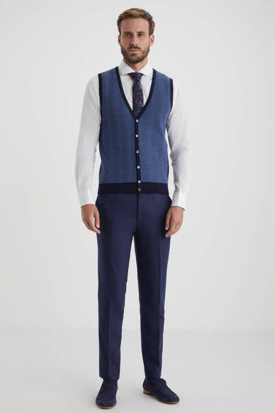 Hemington Çizgi Desenli Lacivert Merino Yün Triko Yelek
