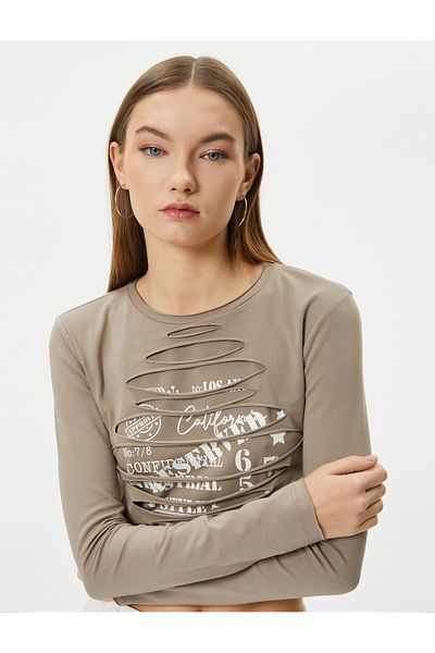 Koton Crop μακρυμάνικο T-shirt Crew Neck Slim Fit Cotton