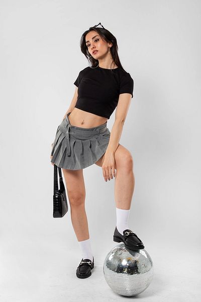 Bak Moda Gray Pleated Shorts Skirt - Belt Detailed