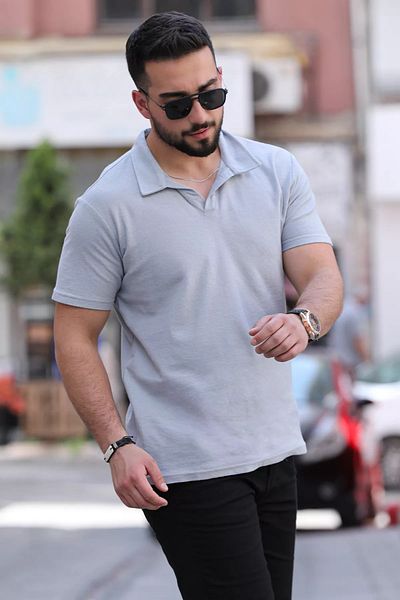 MİSHAR İTALİA Ανδρικό T-Shirt με γκρι Lycra Polo Neck