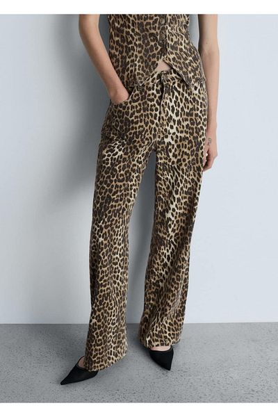 MANGO Woman Džínové kalhoty rovného střihu s vysokým pasem s leopardím vzorem