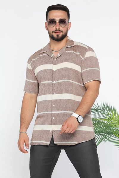 MİSHAR İTALİA Λινό πουκάμισο με σχέδιο καφέ Slim Fit