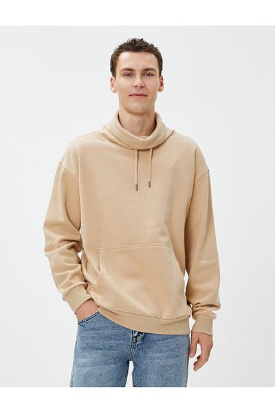 Koton Oversize Sweatshirt Shawl Collar Kangaroo Pocket Lace Up Ribbon