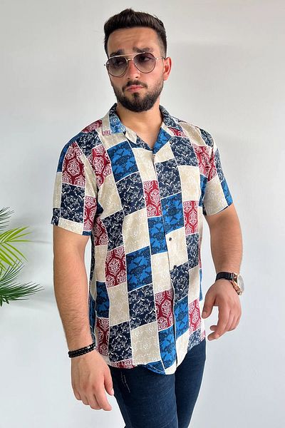 MİSHAR İTALİA Мъжка риза Saxmavi Slim Fit с шарки от вискоза