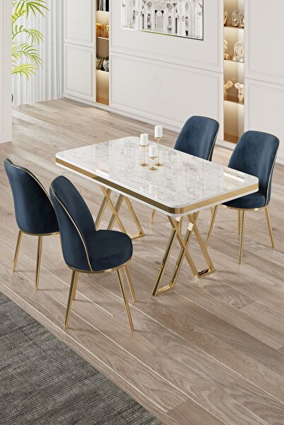 Canisa Vals Serisi 80x130 Lak Panel Beyaz Mermer Desen Masa Takımı Gold Ayaklı 4 Antrasit Sandalye