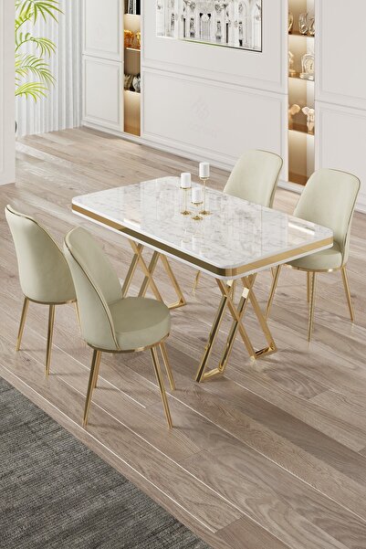 Canisa Vals Serisi 80x130 Lak Panel Beyaz Mermer Desen Masa Takımı Gold Ayaklı 4 Krem Sandalye