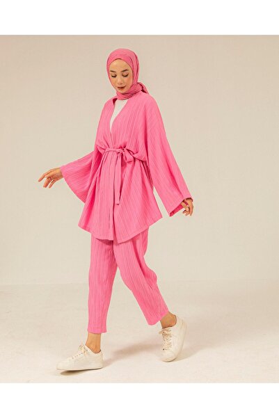 Meri Store Kimono Pantolon Pembe Keten Takım