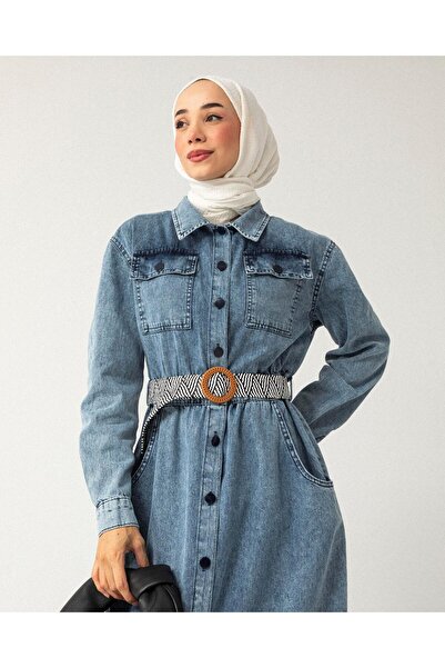 Meri Store Cep Detaylı Kemerli Mavi Denim Elbise