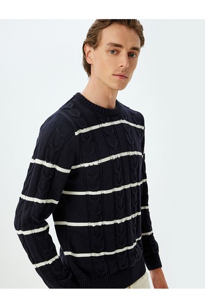 Koton Navy Blue Striped Men's Adult Sweater 5Wam70135Ht
