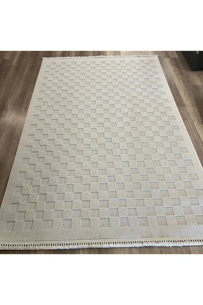 Hoomrugs Krem Rengi Iskandinav Halı - Dama Desenli Salon Ve Mutfak Halısı - H...
