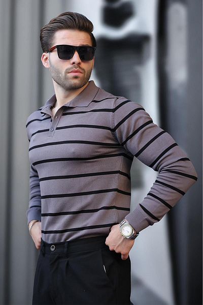 Madmext Gray Buttoned Polo Collar Striped Long Sleeve Sweater 7263