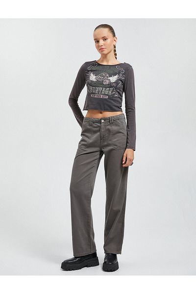 Koton Long Sleeve T-Shirt Washed Printed Crew Neck