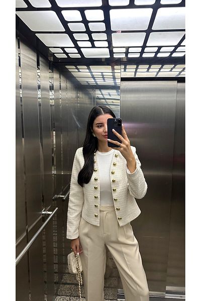 HARMONY GLOBAL Dámská krátká tvídová bunda Ecru Gold Button Detailed 50136