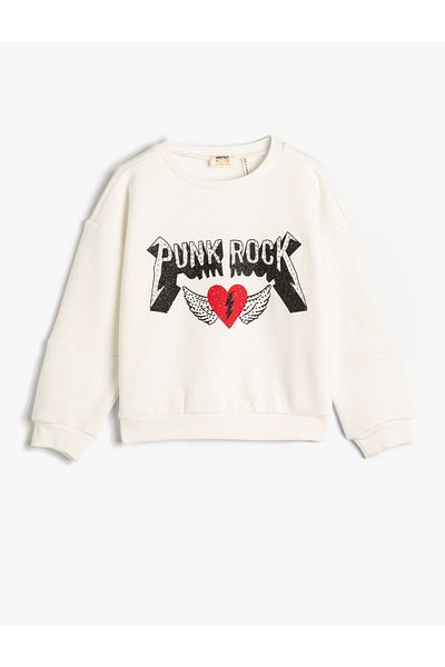 Koton Sweatshirt Music Themed Crew Neck Glittery Beaded Rose Gold