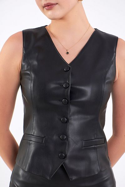 Volanlı Faux Leather Vest