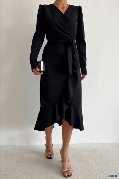 MODAVERA Crepe Fabric Midi Length Belted Long Sleeve Dress 113 Cm