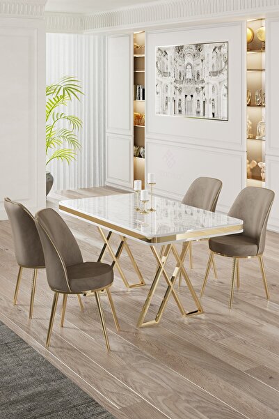 Canisa Vals Serisi 80x130 Lak Panel Beyaz Mermer Desen Masa Takımı Gold Ayaklı 4 Cappucino Sandalye