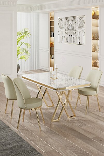 Canisa Vals Serisi 80x130 Lak Panel Beyaz Mermer Desen Masa Takımı Gold Ayaklı 4 Krem Sandalye