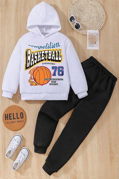 uyguntarz Bequemes Unisex-Trainingsanzug-Set für Kinder mit Basketball-Aufdruck