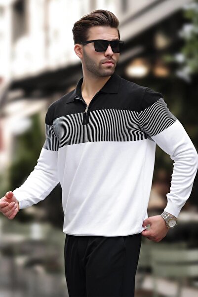 Madmext Beyaz Fermuar Yaka Renk Bloklu Uzun Kollu Kazak 7262