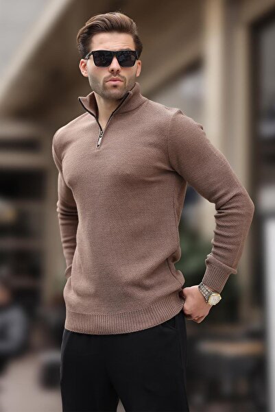 Madmext Mink Zipper Collar Long Sleeve Knitted Sweater 7286