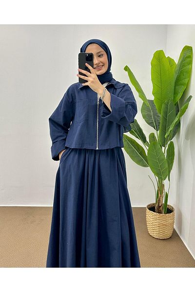 hueonline Navy Blue Skirt Set - Pocket Detailed and Zippered