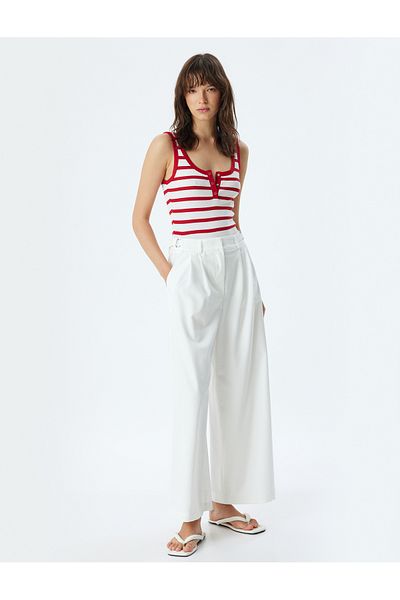 Koton U-Neck Snap Strap T-Shirt - Button Detailed