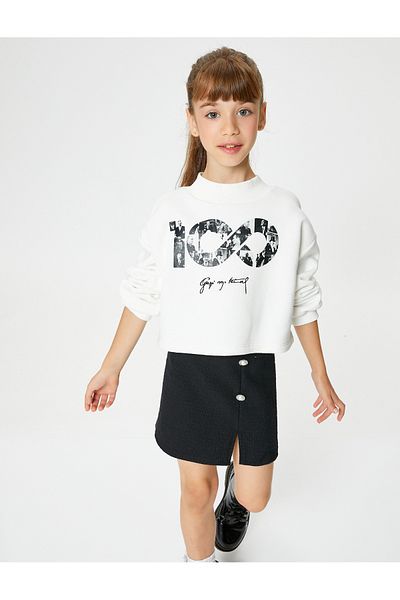 Koton Mikina Republic Printed Crop s dlouhým rukávem a žebrovaným výstřihem