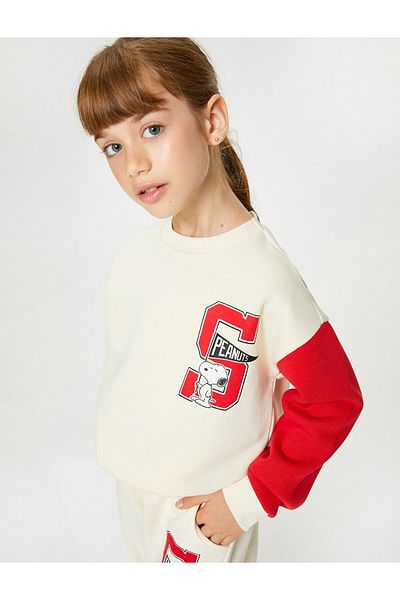Koton Snoopy Sweatshirt Licensed Crew Neck Long Sleeve Color Block Raised