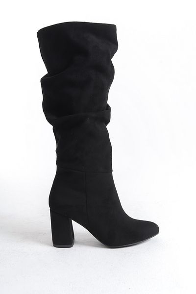MARSEDO Γυναικείες μπότες Amora Black Suede - Οβάλ μύτη, φυσούνα κάτω από το γόνατο