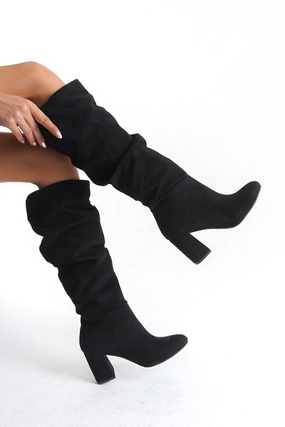 MARSEDO Γυναικείες μπότες Amora Black Suede - Οβάλ μύτη, φυσούνα κάτω από το γόνατο
