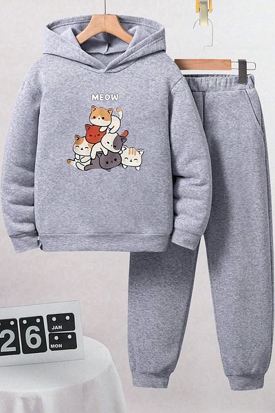 uyguntarz Meow Cats Bedrucktes, bequemes Kinder-Trainingsanzug-Set