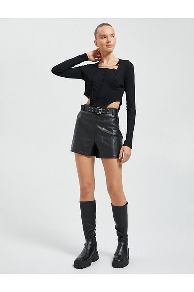 Koton Tricou cu mânecă lungă, guler, lanț, aspect corset detaliat