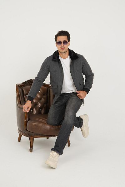 DAMGA JEANS Ανδρικό κολεγιακό μπουφάν από γούνινο βαμβακερό Bomber Anthracite