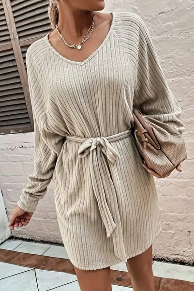 missamour Rochie de damă, bej, cu decolteu în V, cu decolteu în V