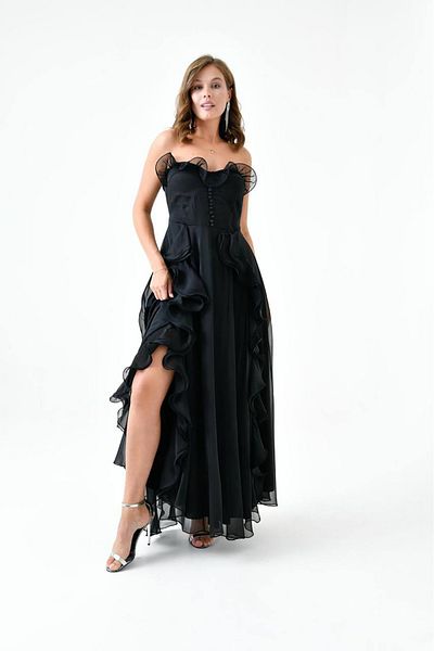 Neşeli Butik Women's Button and Slit Detailed Janjan Chiffon Evening Dress Nbs016
