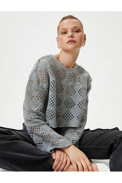 Koton Openwork Crop Sweater Crew Neck Long Sleeve