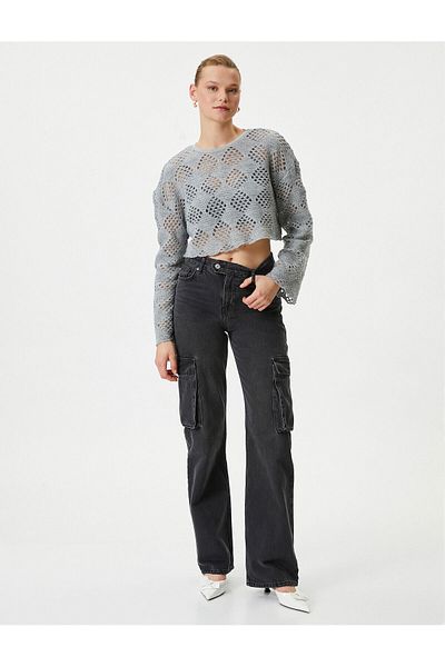 Koton Openwork Crop Sweater Crew Neck Long Sleeve