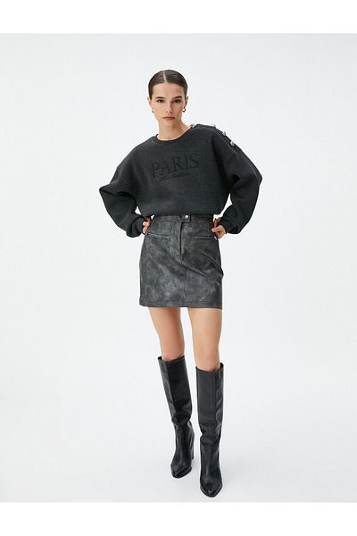 Koton Crew Neck Sweatshit with Embroidered Button Detail