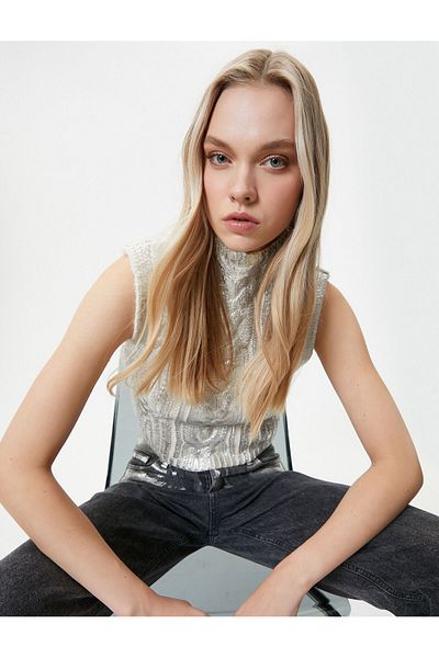 Koton High Collar Crop Sweater Knitted Metallic