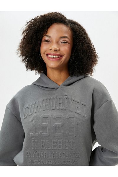 Koton Republic Sweatshirt Crop Hooded Embossed Printed Comfortable 100th Anniversary Special