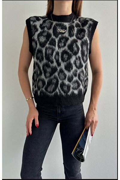 fujya Women's Crew Neck Raised Patterned Gray Knitwear Sweater