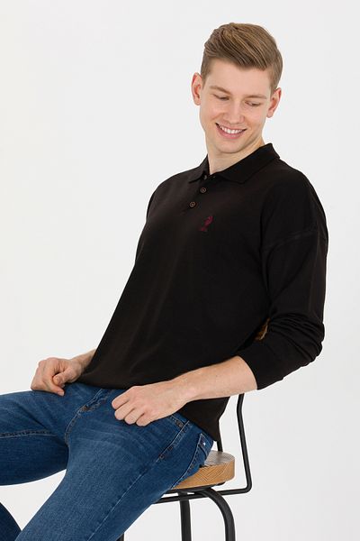 U.S. Polo Assn. Черен мъжки трикотажен пуловер с поло яка - 50257694 -Vr046
